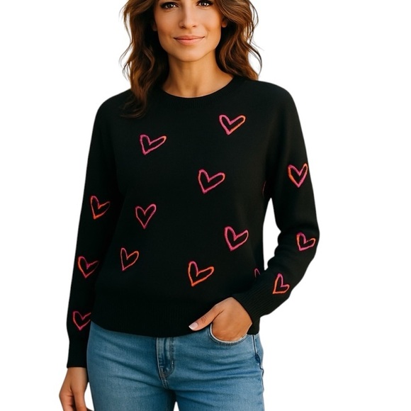 White + Warren Cashmere Graffiti Heart Sweater Black Size S - Picture 1 of 9